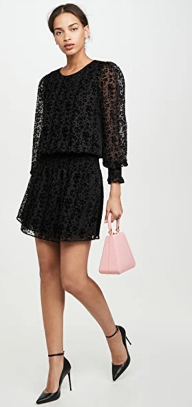 Parker Carmindy Burnout Velvet Cocktail Mini Dress Black XS Long Sleeve $298
